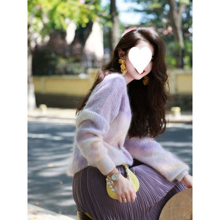 Autumn outfit with a set of gentle wear purple knitted sweater with high waist skirt slimming two-piece set