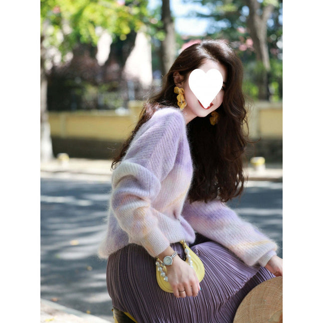 Autumn outfit with a set of gentle wear purple knitted sweater with high waist skirt slimming two-piece set
