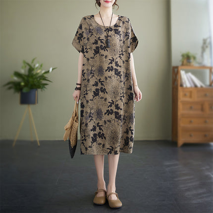 2023 New Style Elegant and High-End Short-Sleeve Loose Cotton-Linen Simple Long Floral Dress Mid-Length Artistic Retro