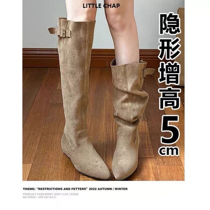 Petite Women's Pointed-Toe Platform Boots That Increase Height by 5cm, Over-The-Knee Thick High-Heeled Long Boots, Pleated Slim Boots, Denim Boots