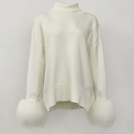 Women's Sweater Amazon Aliexpress Hot-Selling Autumn and Winter New Style Real Fox Fur Cuffs Loose High-Neck Knit Sweater for Women