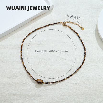 Retro Maillard tiger eye stone beaded necklace women do not fade high sense stacked clavicle chain niche pendant wholesale