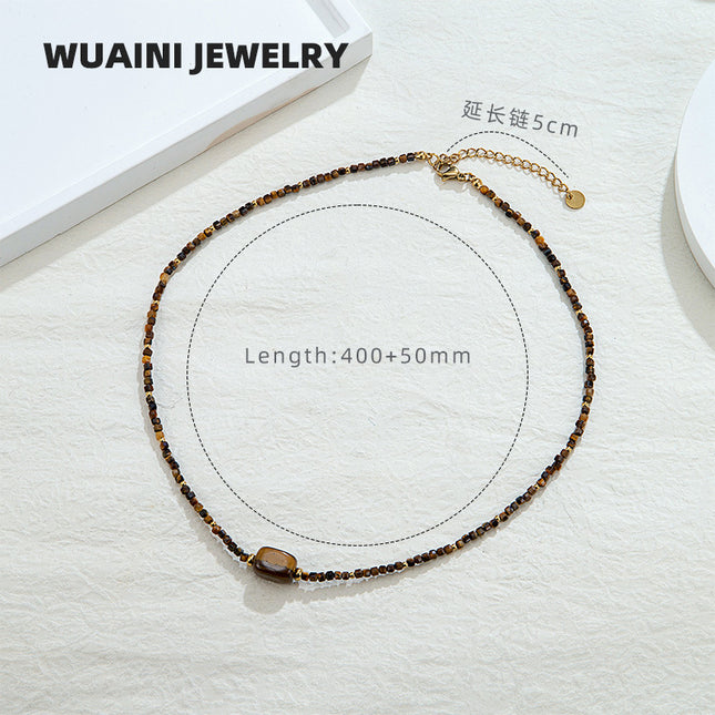 Retro Maillard tiger eye stone beaded necklace women do not fade high sense stacked clavicle chain niche pendant wholesale