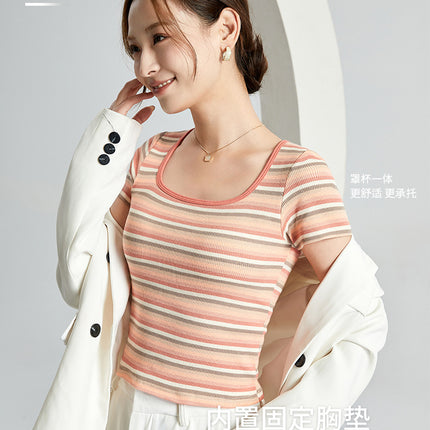 Spring and Summer New Style with Chest Pads, Fashionable and Versatile Square-Neck Gradient Crop Top Short-Sleeve T-Shirt with Built-In Bra