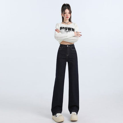 Narrow Wide-Leg Jeans for Women 2025 Autumn and Winter New Wide Elastic High-Waist Petite Draped Fleece-Lined Straight Floor-Length Pants
