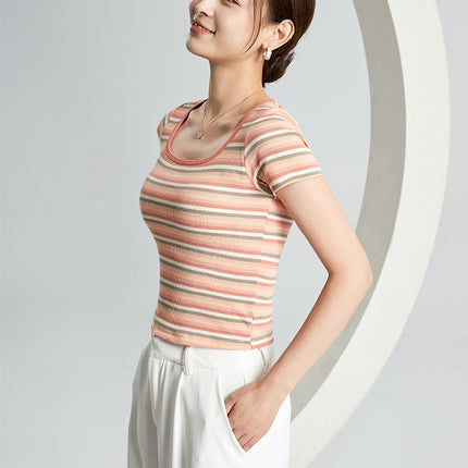 Spring and Summer New Style with Chest Pads, Fashionable and Versatile Square-Neck Gradient Crop Top Short-Sleeve T-Shirt with Built-In Bra