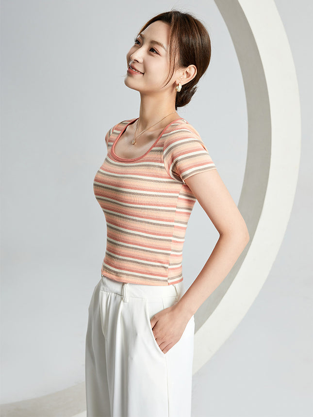 Spring and Summer New Style with Chest Pads, Fashionable and Versatile Square-Neck Gradient Crop Top Short-Sleeve T-Shirt with Built-In Bra