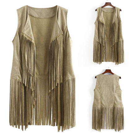 2025 Women's European and American Style New Suede Tassel Vest Jacket Popular Sleeveless Mid-Length Vest Outer Wear