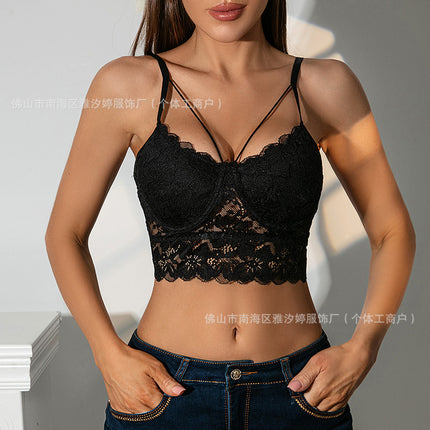 Cross-Border New Sexy Lace Trim European and American Style Sheer Crop Top Backless Solid Color Camisole for Outerwear