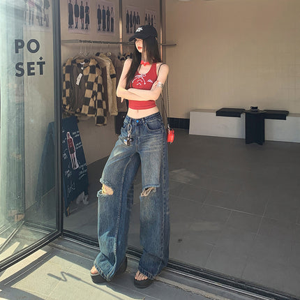 Spring and Summer New Retro High Waist Ripped Jeans Women's Loose Slimming Straight All-match Dipped Wide Leg Pants for Women