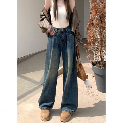 Women's Straight-Leg Loose Jeans Spring Autumn Winter 2024 New High-Waisted Slim Petite Wide-Leg Floor-Length Pants