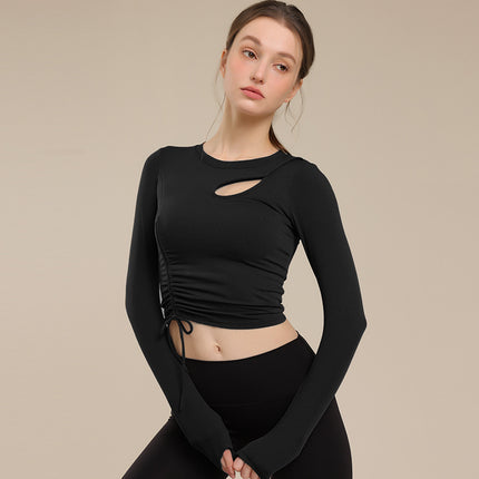 Pleated Drawstring Belt Chest Mat Yoga Suit Women's Hollow Breathable Fitness Outer Wear Sports Top Pilates Slimming Long Sleeve