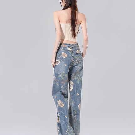 Vintage Printed Jeans for Women, Spring and Autumn New Design, Niche Loose Wide-Leg Floor-Length Pants, Trendy on Instagram