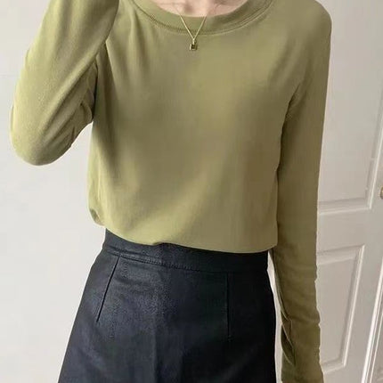 All-Match Good Wearing Solid Color Net-Style Fleece Crewneck Long-Sleeved T-Shirt Women's Double-Scrub Fleece-Lined Thickened Inner Top