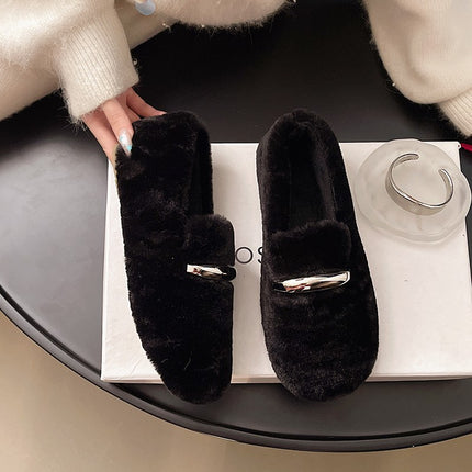 Furry Shoes for Women's Autumn and Winter Outer Wear 2025 New Velvet Warm Shoes Popular Bean Shoes Soft Sole Winter Flats Cotton Shoes