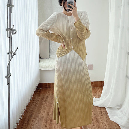 Miyake Pleated Women's Clothing with a Complete Set of Clothes, Feminine Gradient Jacket, Pleated Skirt Two-Piece Set