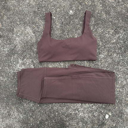 Solid Color Women's Yoga Set with Square Neck Hollow-Out Beautiful Back Sports Bra + High-Waisted Naked-Feel Tight Yoga Fitness Pants