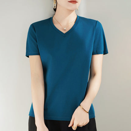 100 mercerized cotton short-sleeved T-shirt women's 2025 summer new V-neck cotton pullover vest cool feeling ice silk base