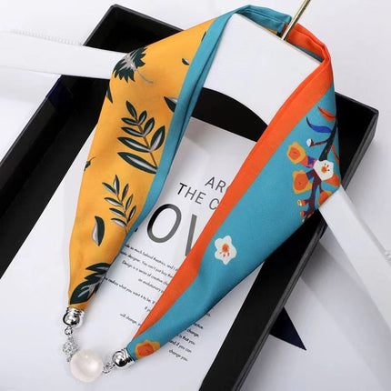 2026 New Magnetic Buckle Small Silk Scarf with Geometric Patterns and Rhinestones, Magnetic Necklace Scarf, Women's Hairband Scarf