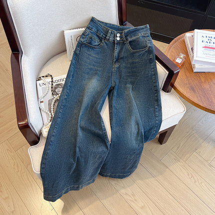 Retro Blue Large Pants Wide Leg Jeans Women's Autumn and Winter 2024 New Fashion All-match High Waist Loose Mop Pants