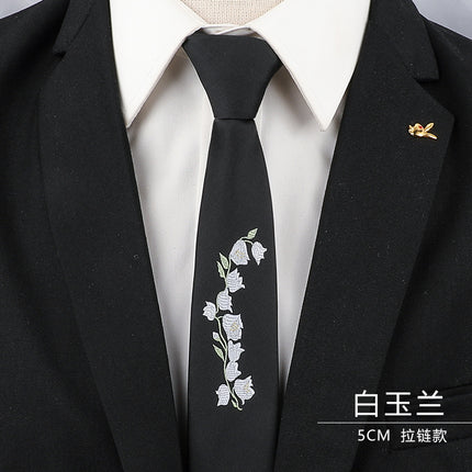 Men's Black Tie Men's Formal Wear Korean Style 8cm Student Women's Suit Business Lazy Zipper Wedding Professional Fashion