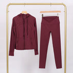Dark red hooded stamped jacket and cropped pants suit / 2/S