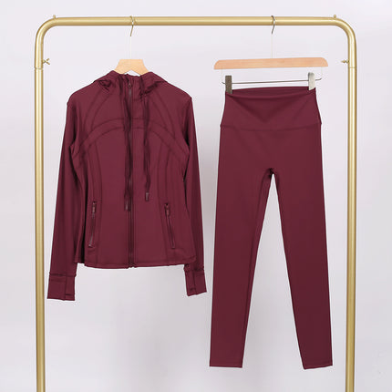 Lulu Df Stamped Hooded Jacket and Cropped Pants Set, Tight-Fitting Stretch Jacket with Gold Zipper, Fitness Yoga Outfit