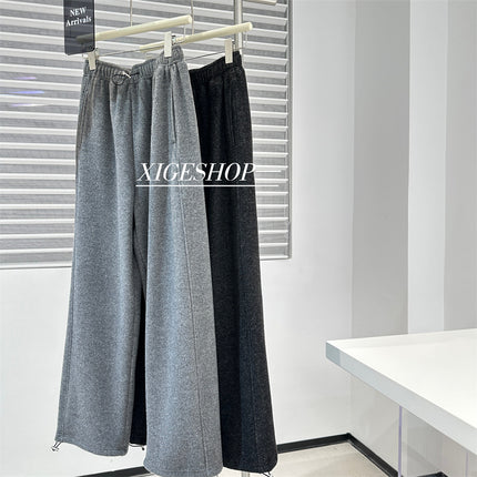 dark gray Cashmere Texted Lazy Wide Leg Floor Pants Women's Winter Thickened fleece-lined Straight Leg Casual Pants