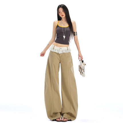 Khaki Scimitar Wide-Leg Jeans for Women 2025 Summer New High-Waisted Loose Lace Design Sickle Pants