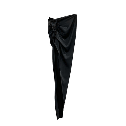 Subhuman Women's | 2025 Early Autumn Show Same Style Diagonal Zipper Pleated Satin Slit Floor-Length Skirt