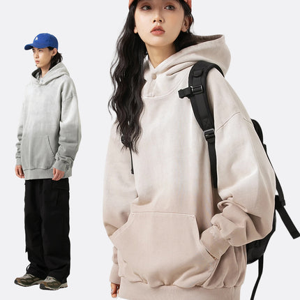Black Fleet Retro Hoodie, Washed Gradient Dyed Pure Cotton Loose Pullover Couple Style Sweatshirt, Casual and Versatile