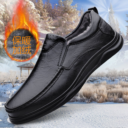 Men's Business Leather Shoes, First-Layer Cowhide, Comfortable Slip-On Soft Leather, Velvet, Thickened Warm Cotton Shoes, Middle-Aged Leather Shoes