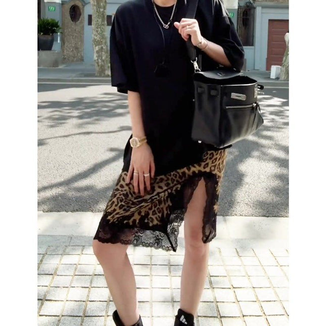 French-Style Light Mature Design with a Niche Vibe, Women's Spring and Autumn Lace Patchwork Thin Leopard Print Midi Skirt