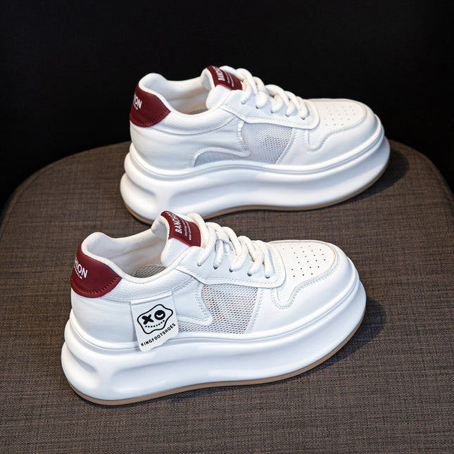 Genuine Leather White Shoes for Women 2026 Summer New Style with Internal Height Increase, Breathable Mesh Platform Shoes, Versatile Casual Sneakers