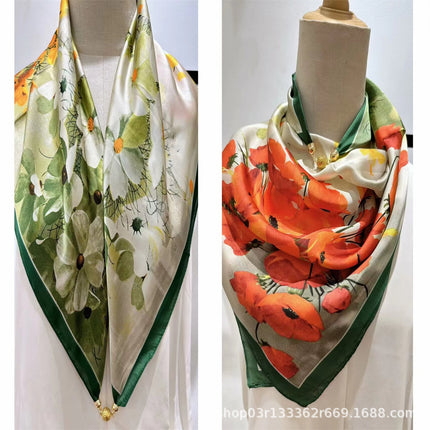 2024 New Magnetic Buckle Silks and Satins Square Scarf Women's Spring and Autum Scarf High-end Decorative Triangle Scarf Neck Protector