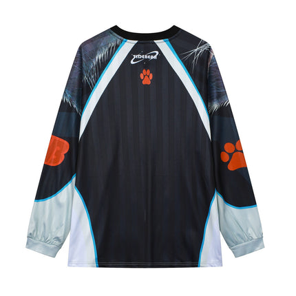 American Casual Couple Sports Mesh Ball Suit V-Neck Different Pupil Cat Face Large Printed Retro Contrast Color Long Sleeve T-Shirt for Men and Women
