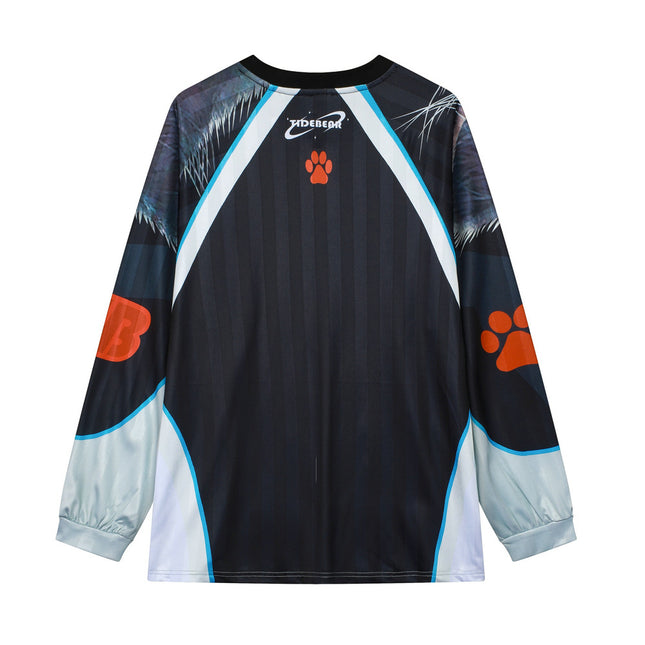 American Casual Couple Sports Mesh Ball Suit V-Neck Different Pupil Cat Face Large Printed Retro Contrast Color Long Sleeve T-Shirt for Men and Women