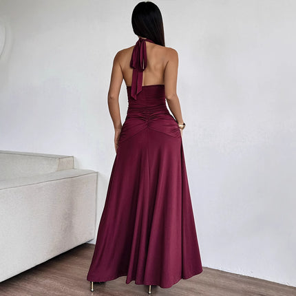AD328 European and American Cross-border Spring and Summer New Women's Backless Deep V Split Neck Pleated Sexy Dress dress
