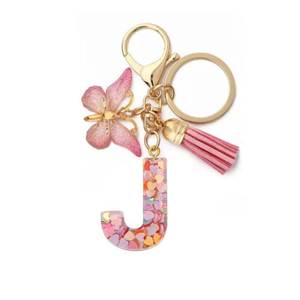 1 Px Pink Heart Sequins Resin English Letter Key Chain Pendant Butterfly Tassel Accessories Key Hanging