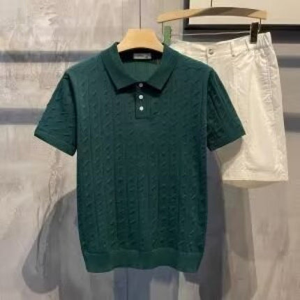 2025 Summer Cable Textured Lapel Short Sleeve Polo Shirt Men's Casual Easiest for Match Temperament Short Sleeve Sweater Trendy
