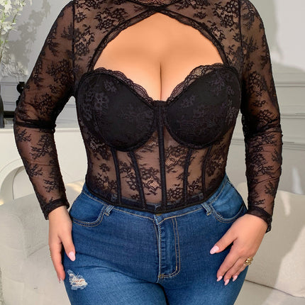 New European and American Style Plus-Size Slim-Fit Lace Mesh Patchwork Lace Sexy Hollow-Out Sheer Fishbone Underwire Top