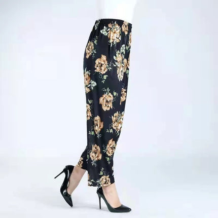 Cross-Border Popular Summer Women's Ice Silk Pants for Middle-Aged and Elderly, Loose Casual Home Pants, Elastic Plus-Size Pants for Square Dancing