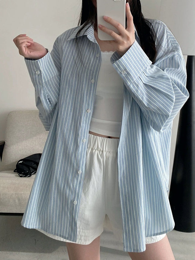 Polo Collar Light Blue Long-Sleeved Stripesd Shirt for Women Autumn and Summer Korean Chic New Style Loose Cardigan Top for Women