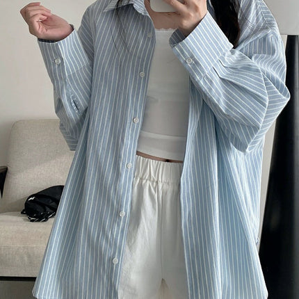 Polo Collar Light Blue Long-Sleeved Stripesd Shirt for Women Autumn and Summer Korean Chic New Style Loose Cardigan Top for Women