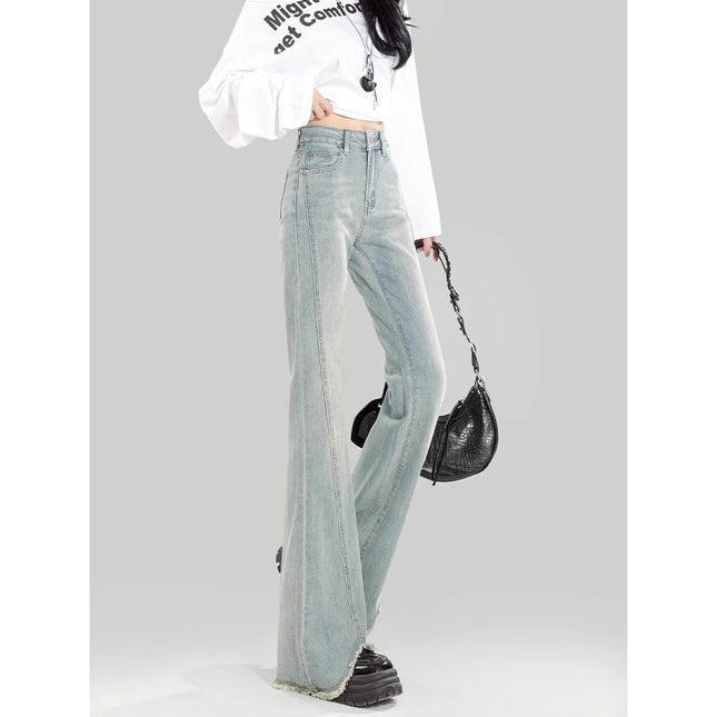 Women's Flared Jeans 2025 Summer New High-Waisted Slim Fit Bootcut Raw Hem Pants