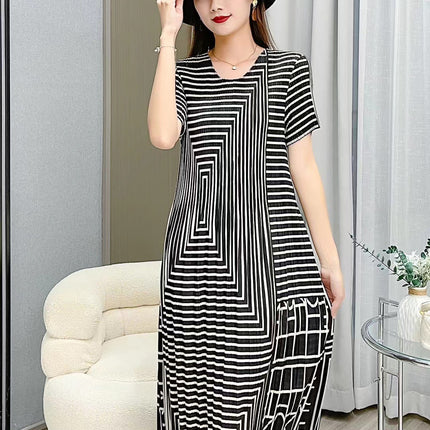 Miyake pleated 2025 summer new temperament round neck printed pleated skirt fashion waist thin magic dress