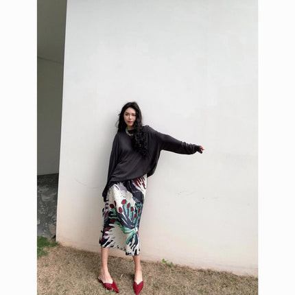 Skirt Retro 2024 New Skirt Women's Niche Design Print Slimming Tassel Pleated Pleated Skirt