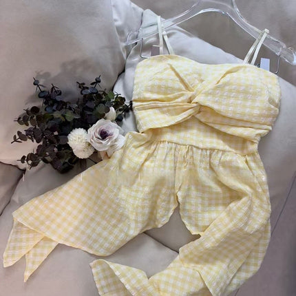 Celebrity Style Irregular Plaid Suspender Top with Bow, Mid-Length Outer Wear and Versatile Tube Top