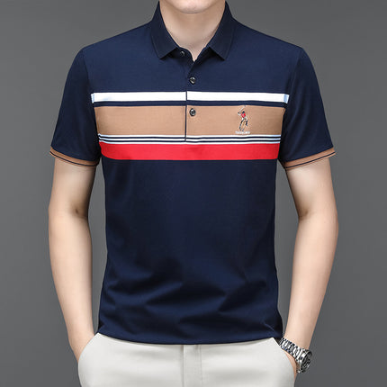 Mingdi Mouse Men's Summer New Pure Cotton Short-sleeved Men's T-shirt Striped Casual Lapel Large Size Men's Polo Shirt