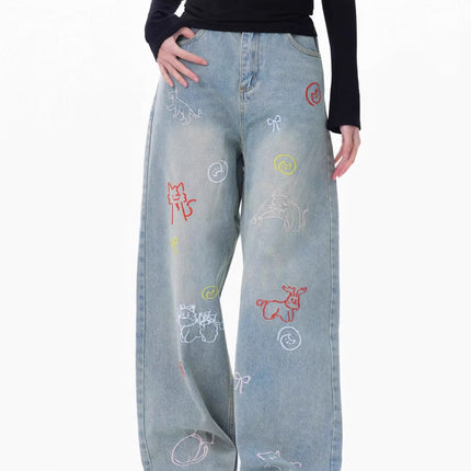 Embroidered Retro Wide-Leg Straight Fun Cartoon American Style 2025 New Jeans Pants Summer Loose Floor-Length Pants